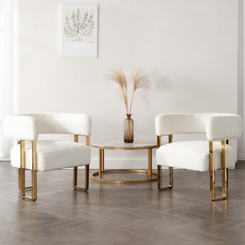 Barrel Accent Chairs Set of 2, Modern Side Chair with Golden Metal Legs, Sherpa Upholstered Reading Armchair, Boucle Club Chairs for Living Room/Reception Room/Bedroom/Office, White