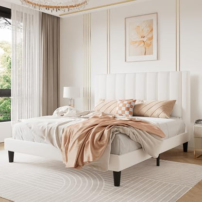 Queen Bed Frame/Velvet Upholstered Platform Bed Frame with Headboard/Strong, view 2