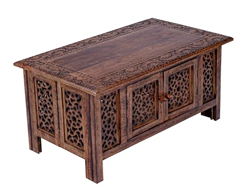 Hand-Carved Wooden Coffee Table – 36x18” Rectangular Mango Wood Center Table with Storage, Natural Burnt Finish, Living Room & Accent Table