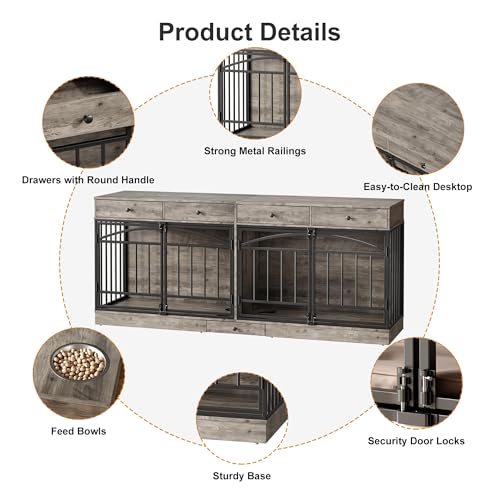 78.7" Dog Crate Furniture for 2 Dogs with 4 Drawers, Grey, view 7