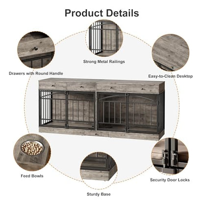 78.7" Dog Crate Furniture for 2 Dogs with 4 Drawers, Grey, view 7