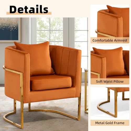 Velvet Modern Accent Chairs Set of 2, Upholstered Barrel Armchair Mid Century with Pillow for Living Room, Comfy Single Vanity Chair with Metal Gold Legs for Bedroom, Orange
