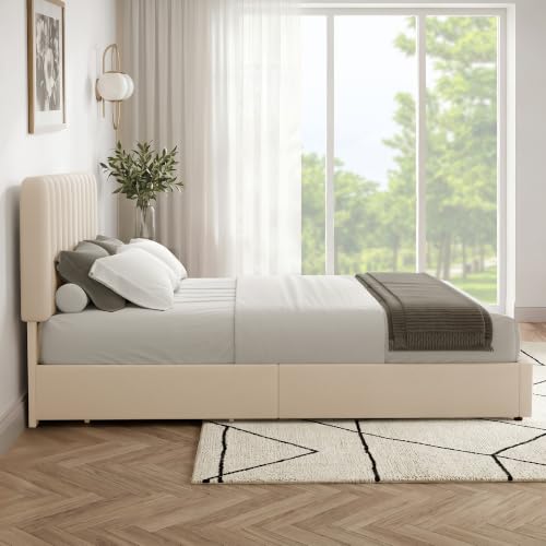 Velvet Platform Storage Bed with Wooden Slats, Beige, view 6