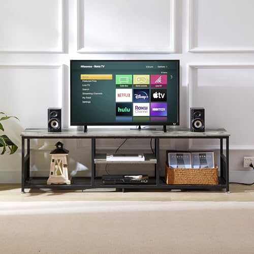 TV Stand with Power Outlets for Televisions up to 80Inch, 70" Media Entertainment Center with Charging Station 3-Tier Open Storage Shelves with Metal Frame for Living Room/Bedroom，Grey
