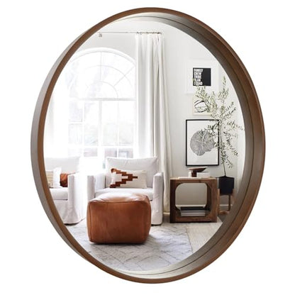 Circle Mirror with Wood Frame, 28" Round Modern Decoration Large Home Decor Mirror for Bathroom Living Room Bedroom Entryway (28" Diameter, Walnut)