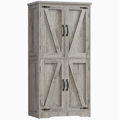Farmhouse Storage Cabinet with 2 Adjustable Shelves, Bathroom Cabinet with 4 Doors, Cupboard for Kitchen, Living Room, Rustic Gray