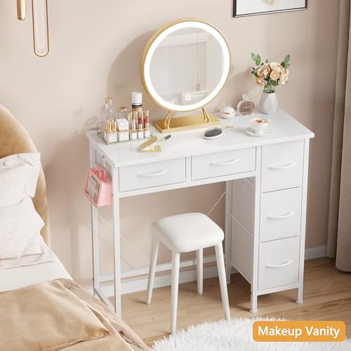 33" Small Computer Desk with 5 Fabric Drawers, White, 14.2" D, view 8