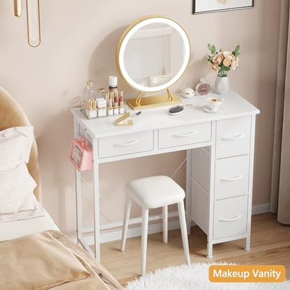 33" Small Computer Desk with 5 Fabric Drawers, White, 14.2" D, view 8