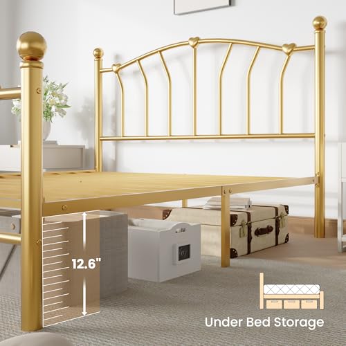 Full Size Metal Bed Frame, Heart-Shaped Design, Gold, view 7