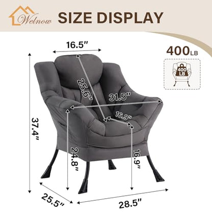 Dark Grey Single Lazy Chair for Living Room, Modern Reading Accent Chair with Armrests and a Side Pocket, Leisure Lazy Sofa Chair for Small Space, Bedroom, Dorm