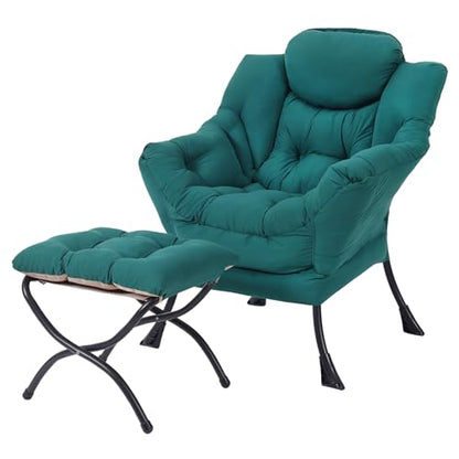 Lazy Chair with Folding Ottoman, Modern Accent Armchair with Armrests and a Side Pocket & Foldable Footstool, Reading Chair for Living Room, Bedroom, Dorm & Office, Dark Green