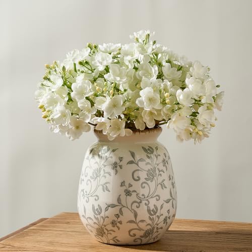 Ceramic Vintage Pastoral Vase, 7.2 Inch Chinoiserie Floral Vase, Retro Ice Cracked Rustic Farmhouse Vases for Home Decor, Living Room, Bookshelf, Office, Tuscan Decor, Gray Floral