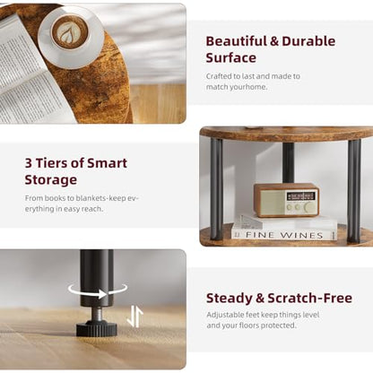 Side Table Living Room, Small Round End Table, 3 Tiers Accent Table for Small Spaces, Rustic Brown