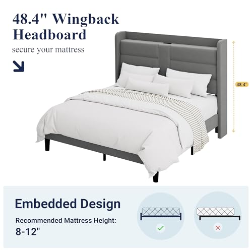 Queen Size Platform Bed Frame with Charging Station & Storage Headboard, view 8