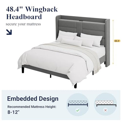 Queen Size Platform Bed Frame with Charging Station & Storage Headboard, view 8