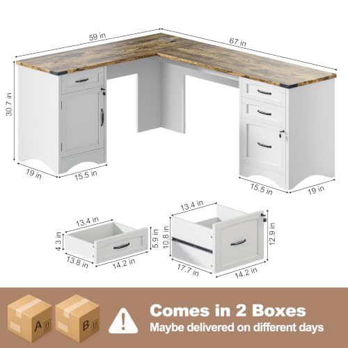 67" Farmhouse L-Shaped Office Desk with 4 Drawers,White & Brown, view 3