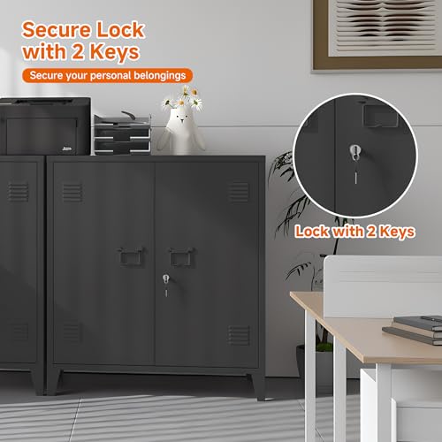 Metal Storage Cabinet 35.4”H Locking Storage Cabinet (Black) | With 2 Adjustable Shelves and Doors, Small Storage Cabinet for Home School Office Garage