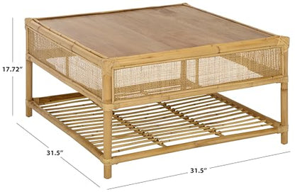 SAFAVIEH Furniture - Webber Square Coffee Table - Natural Solid Wood with Rattan Shelf Storage - Boho Living Room Table, 31.5" W x 31.5" D x 17.7" H (COF6519A)