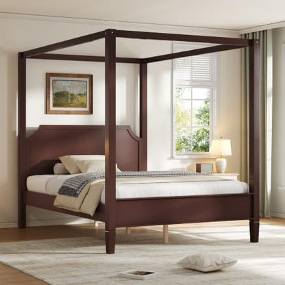 Walnut Queen Size Canopy Bed Frame Solid Wood 4 Poster Canopy Bed, view 4