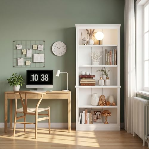 5-Shelf Bookcase, Wooden Standing Rack Book Storage Shelves Furniture Selection for Living Room, Bedroom, Home Office (White)