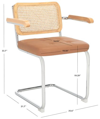 SAFAVIEH Furniture - Coralia Set of 2 Modern Coastal Dining Arm Chairs - Cognac Faux Leather, Natural Rattan & Chrome Cantilever Seating, 19.3" Seat Height (DCH1102A-SET2)
