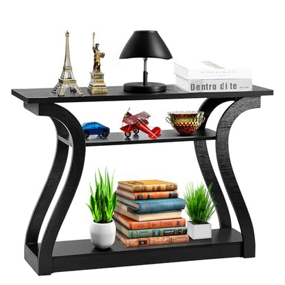 47 in Narrow Console Table, 3 Tier Entryway Table, Wood Sofa Table Decorative Hallway Table with Shelves, Curved Frame for Living Room Front Door Entrance (Black, Flat Surface)
