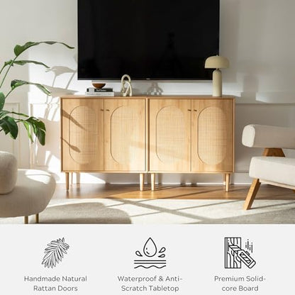 Rattan Storage Cabinets with Shelves, Narrow Cabinet with Storage, Sideboard Cabinet with Doors, Rattan Cabinets for Kitchen Dining Room Living Room, Natural Oak