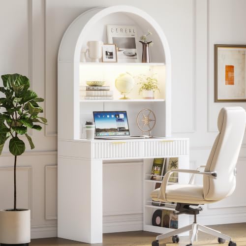 35.4" Arched Writing Desk with Hutch & Power Outlet for Home Office, view 2