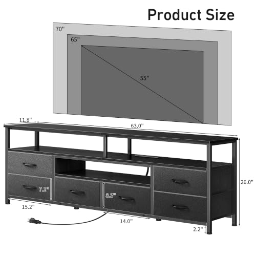 63'' LED TV Stand, Entertainment Center w/Power Outlets, Black, view 4