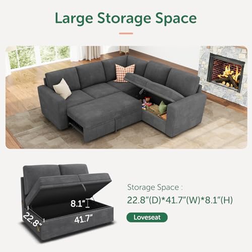 Modular Sectional Sleeper Sofa with Pull Out Bed, Corduroy L Shaped Couch with Storage Seats, Convertible Sectional Couches for Living Room, Dark Grey