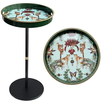Boho Single Leg Round Side Table with Tray Top, Pedestal Drink Table for Small Spaces, Aesthetic Accent Nightstand for Living Room, Bedroom, Corners, and Office (Green Leopard)