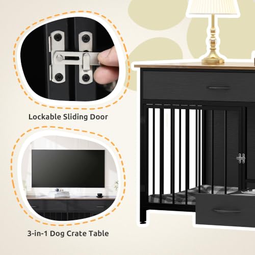 74.8" Dog Crate Furniture with Dog Feeder for 2 Small Medium Dog, view 5