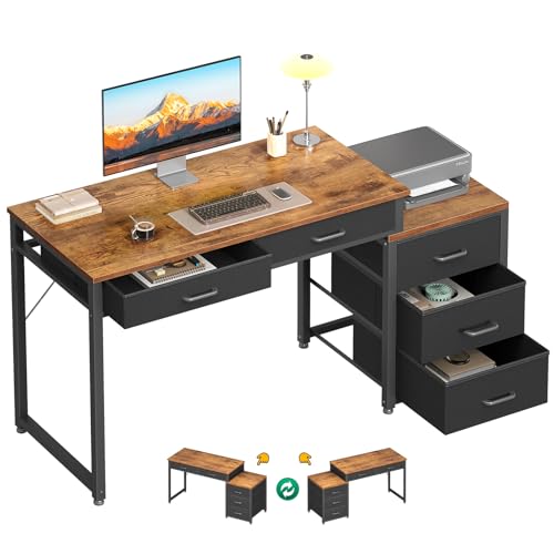 Computer Desk with 5 Drawers, 53 Inch Office Desk with Printer Shelf, Reversible Work Desk for Home Office, Writing Table Desk for Storage, Rustic Brown