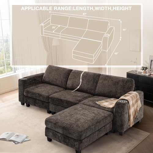 87" Chenille 3 Seater Couch with Soft Ottoman, Brown | L-Shape Sectional Sofa with Durable Cup Holders, Upholstered Sofa with Comfy Backrests for Living Room, House