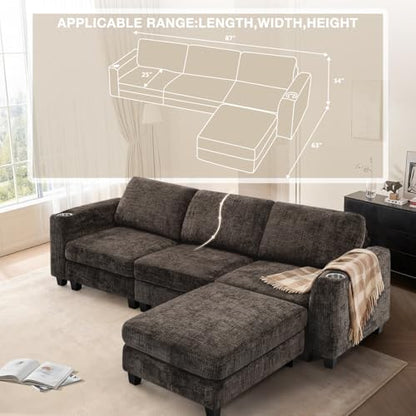 87" Chenille 3 Seater Couch with Soft Ottoman, Brown | L-Shape Sectional Sofa with Durable Cup Holders, Upholstered Sofa with Comfy Backrests for Living Room, House