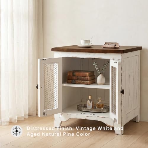 Signature Design by Ashley Wystfield Farmhouse End Table with Storage, Double Door Cabinet, Wood Construction, for Living Room, Distressed White & Brown