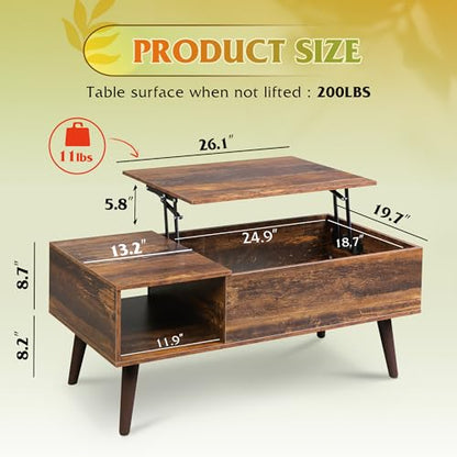 Coffee Table with Storage & Lifting Top for Living Room, 21" Small Lift Top for Small Space Apartment, 31" Wooden Multifunctional Coffee & Dining Center Table for Home Office Work, Rustic Brown