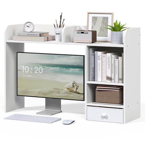 White Desk Hutch Dorm with Drawer, Computer Desk Organizer Shelf with 4 Shelves, view 3