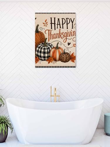 NuYeBiofx Happy Thanksgving Words Canvas Wall Art Prints,30"x20" Framed Picture Artwork Leopard Patterned Pumpkin Printed Canvas Oil Painting for Living Room Bedroom Office,Ready to Hang