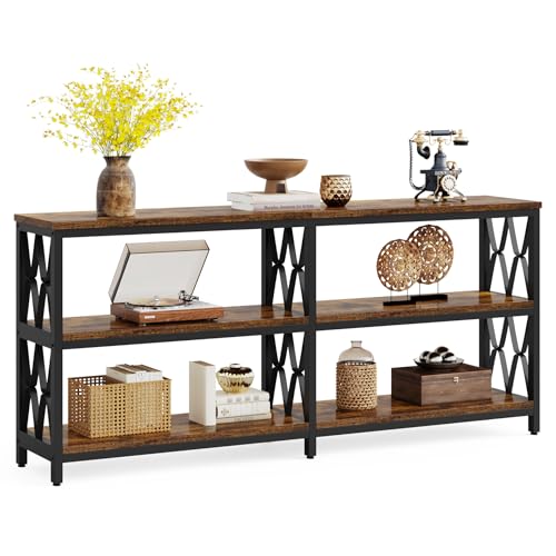 Console Table with Storage Shelves, 70.9" Industrial 3-Tier Sofa Table for Living Room, Long Foyer Table Entryway Table for Hallway, Front Door, Entrance, Rustic Brown & Black