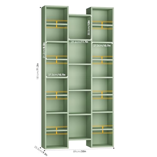 71'' Tall Bookshelf with 21 Cubes, 8 Tier Triple Wide Bookshelf with 8 Adjustable Shelves, 35" Large Bookcase DVD/CD Media Tower Storage, Freestanding Display Shelf Cabinet, Green