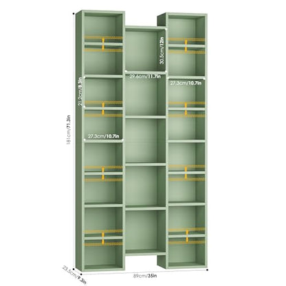 71'' Tall Bookshelf with 21 Cubes, 8 Tier Triple Wide Bookshelf with 8 Adjustable Shelves, 35" Large Bookcase DVD/CD Media Tower Storage, Freestanding Display Shelf Cabinet, Green