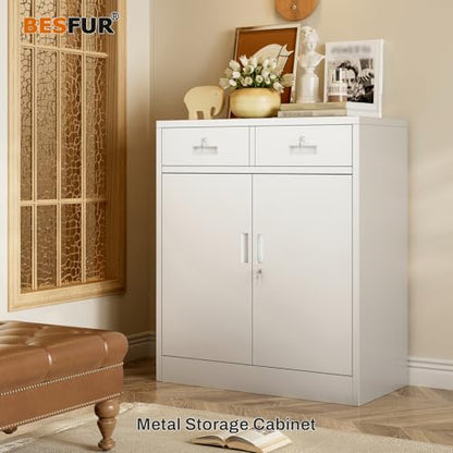 Metal Garage Storage Cabinet with Two Lockable Drawers 2 Locking Doors and an Adjustable Shelf, 36" White Metal Short Storage Cabinet for Home Office, Garage,School,Utility Room