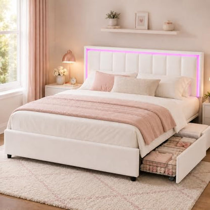 White faux leather platform bed with storage drawers and LED lights, view 2