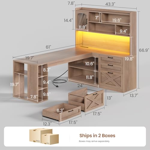 Farmhouse L Shaped Office Desk with Drawers, 61” Computer Desk with Storage Shelves and Power Outlet, Corner Gaming Desk with LED Light and Display Cabinet for Home Office, Light Brown