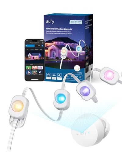 eufy Permanent Outdoor Lights S4, Radar-Activated, 200ft with 144 RGBWW LED String Lights for Daily, Accent and Christmas Decorations, AI Themes, Work Cams, Matter Support, IP67 Waterproof