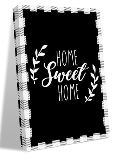 NuYeBiofx Sweet Home Text Leaf on Black Canvas Wall Art Prints,30"x20" Framed Picture Artwork Farmhouse Buffalo Plaid Printed Canvas Oil Painting for Living Room Bedroom Office,Ready to Hang