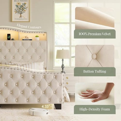 Platform Bed Frame with 50.9" LED Headboard, Queen Beige, view 7