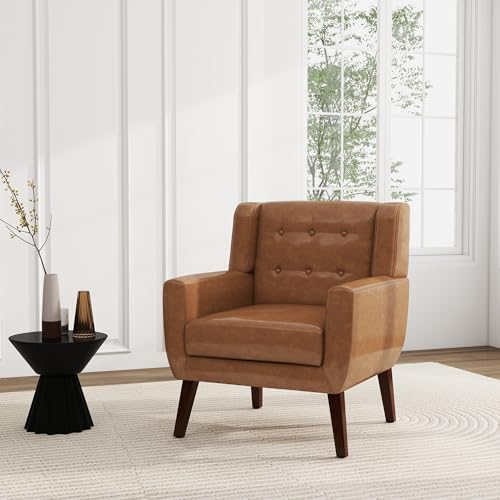 Faux Leather Accent Chairs Set of 4, Modern Arm Club Chair Upholstered Armchair for Living Room, Comfy Single Sofa Seats Button Tufted Reading Seating, Brown