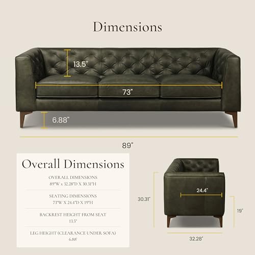 Poly & BARK Essex 89” Full-Grain Italian Leather Sofa – Tufted Back, Feather-Down Comfort, Solid Wood Frame, Olivine Green